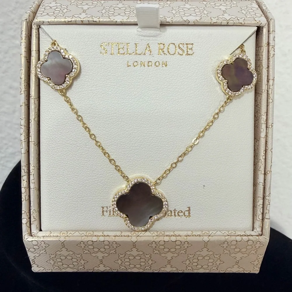 Stella Rose London Black Mother of Pearl Clover Necklace Gold Plated Crystal Pav